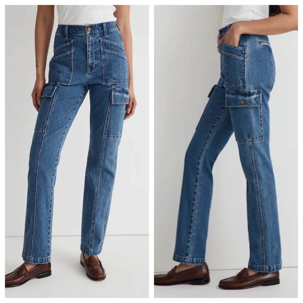 Madewell 90s Straight Cargo Jeans Medium Wash Blue High Rise Denim Pants Size 29